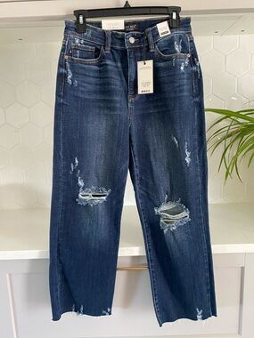 New Judy Blue Dark Blue Distressed Wide-Leg Cropped Jeans